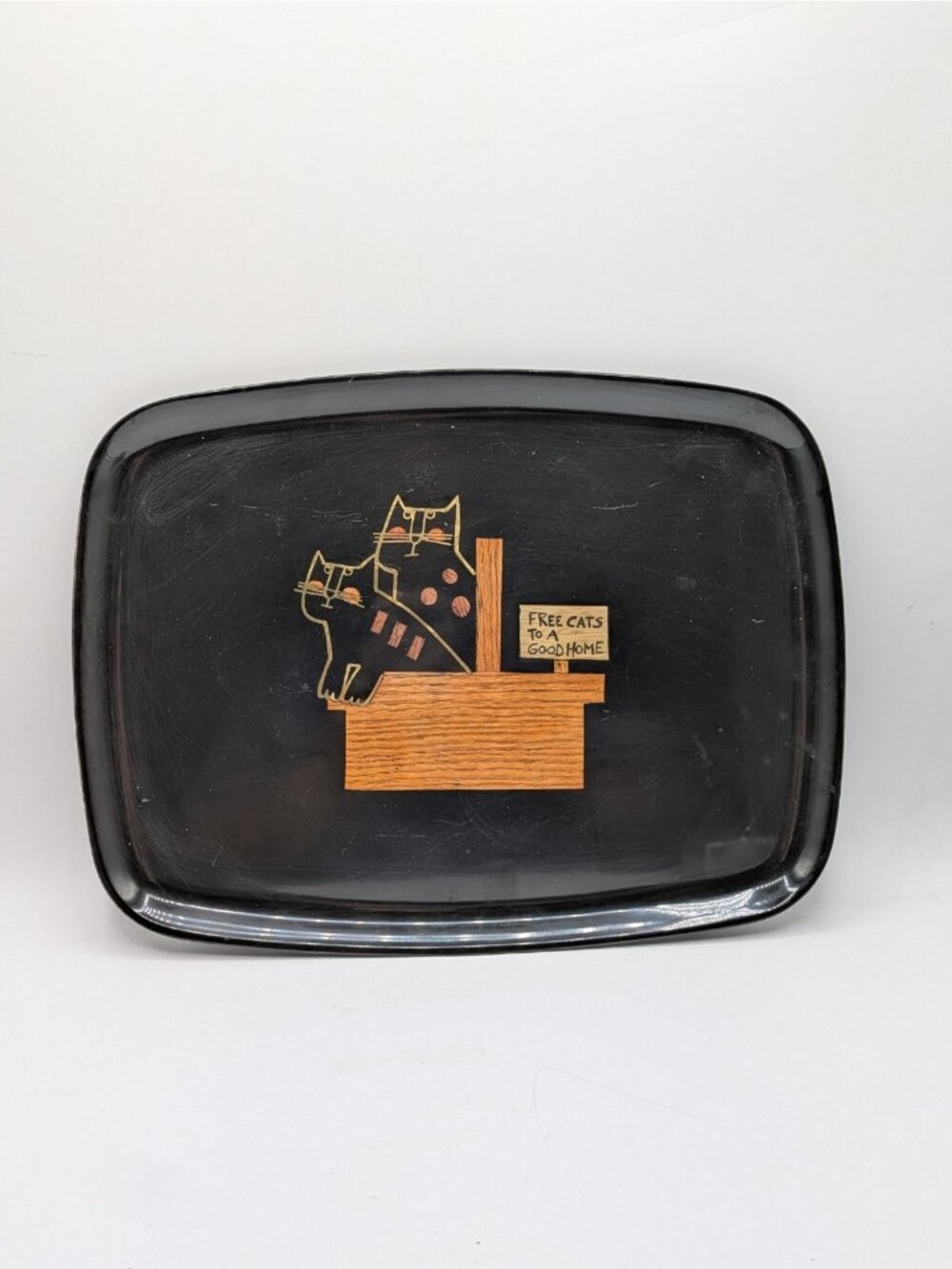 Vintage Couroc of Monterey CA Black Tray Free Cats to a Good Home Art Deco 12.5"